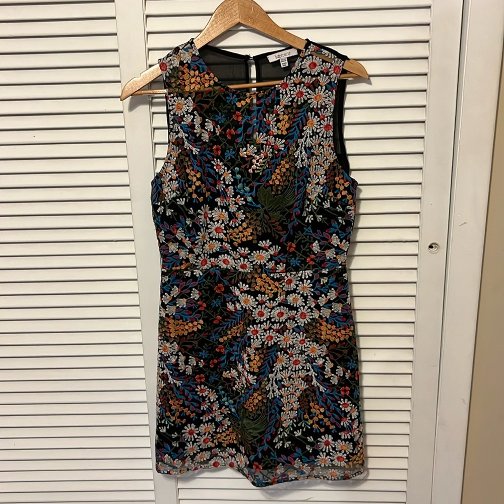 Embroidered floral print mini dress